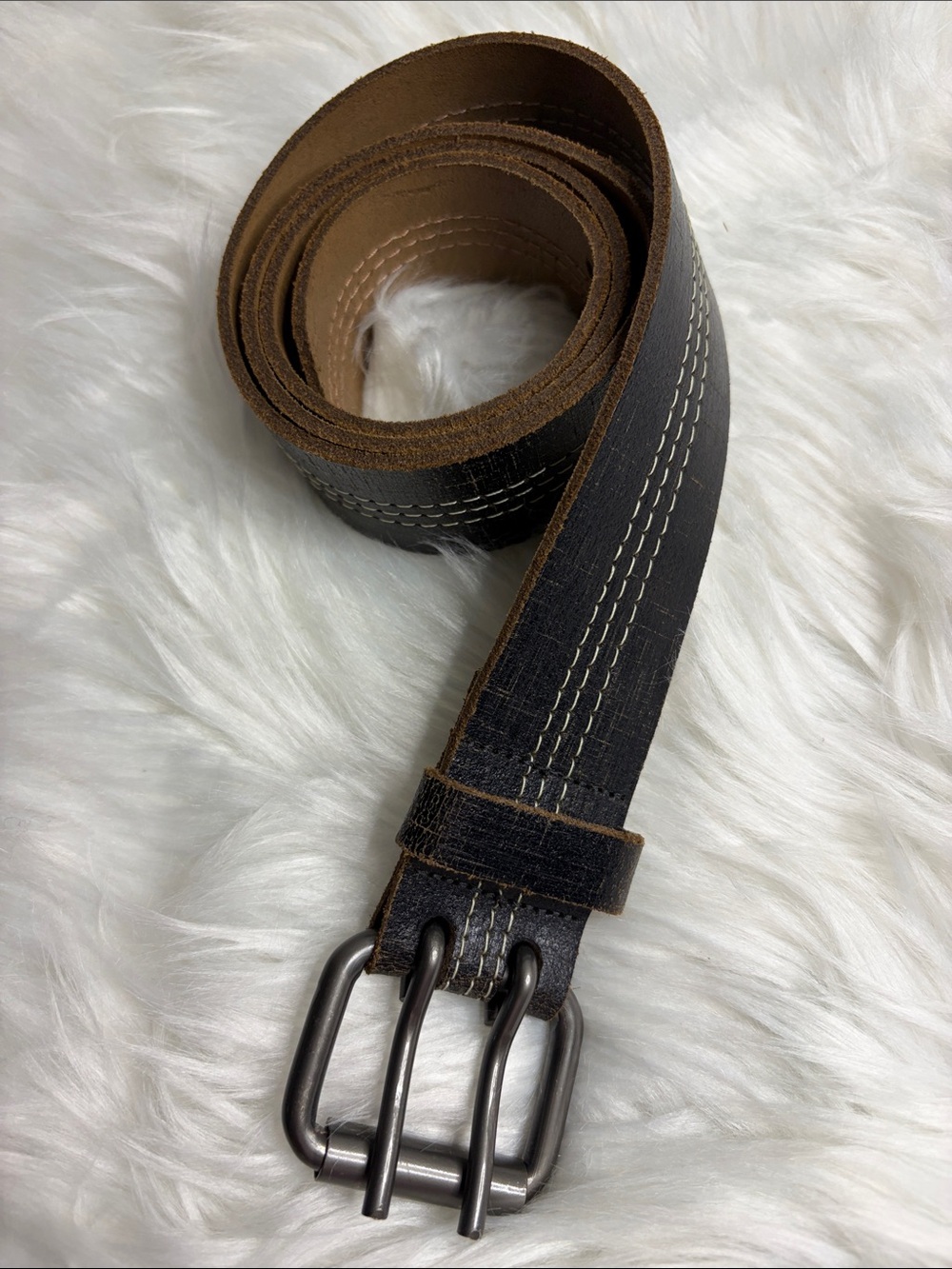Men's Brown Leather Double-Prong Belt - Casual & Durable
